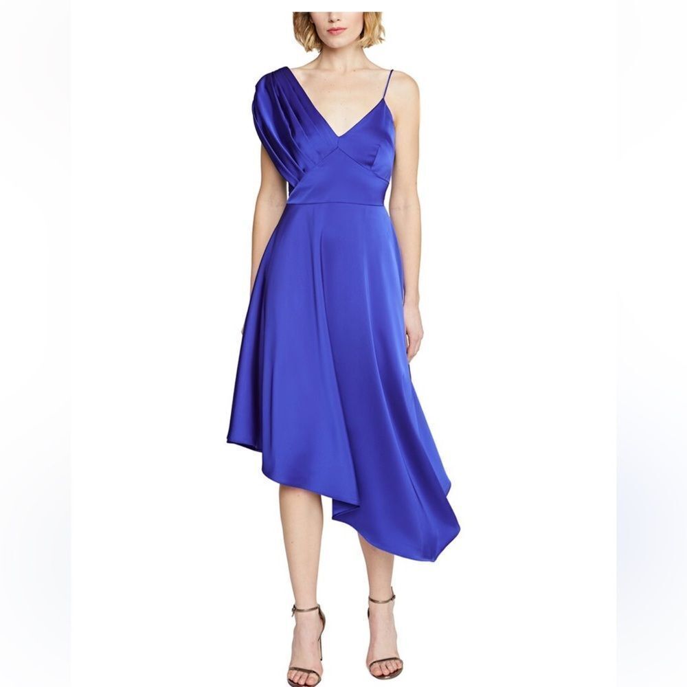 Theia Elsie Pleated High-Low Midi Dress $595